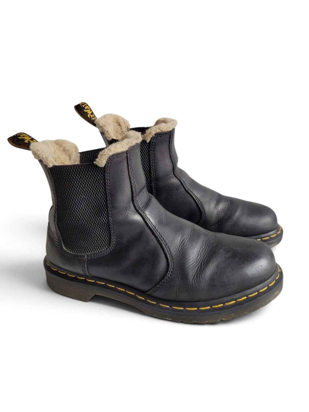 Dr. Martens Leonore Black Leather Chelsea Ankle Boots Cream Faux Fur Trim 9